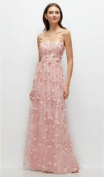 Shirred 3D Sequin Embroidery Floral Maxi Dress with Petal-Adorned Straps in Rose | Dessy Group
