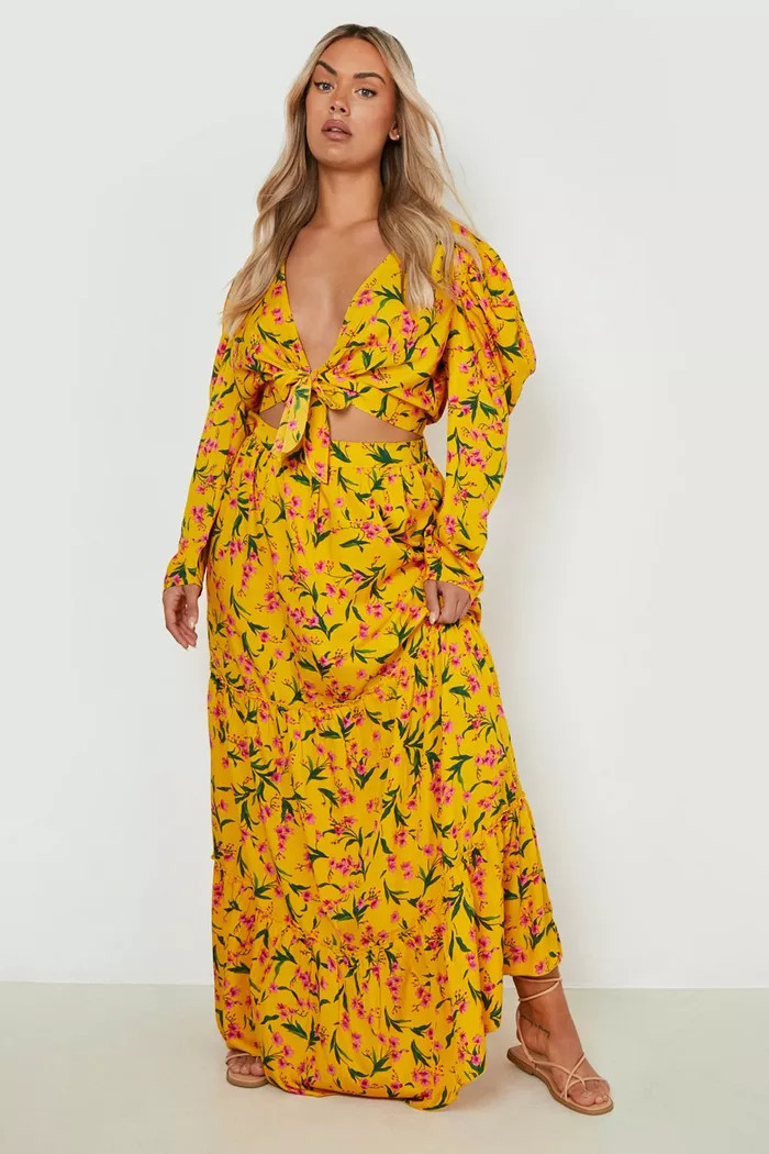 Plus Floral Maxi Skirt Puff Sleeve Two-Piece | boohoo (US & Canada)