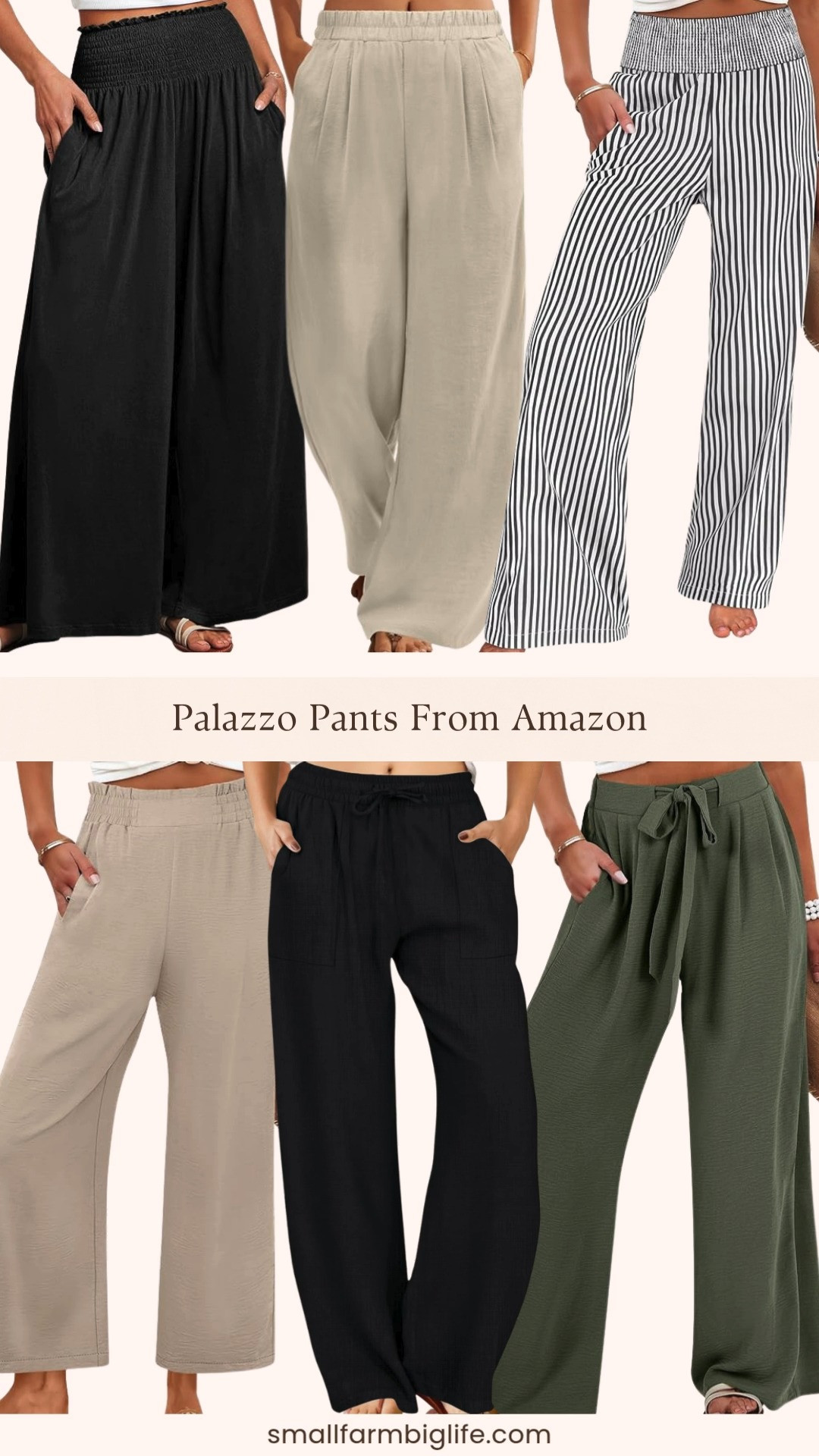 More palazzo pants from Amazon because this trend is not slowing down and there are so many good new options to share. This round up brings in some beautiful new colors including parchment, olive green, and a classic black and white stripe alongside the black and beige linen styles that go with everything. The smocked waist options are especially flattering and the linen versions are perfect for warm weather travel, beach days, and any summer occasion where you want to look put together without any effort. All with pockets and all at an Amazon price point. Tap to shop! 

 #LTKgrwm #LTKootd #LTKOver40