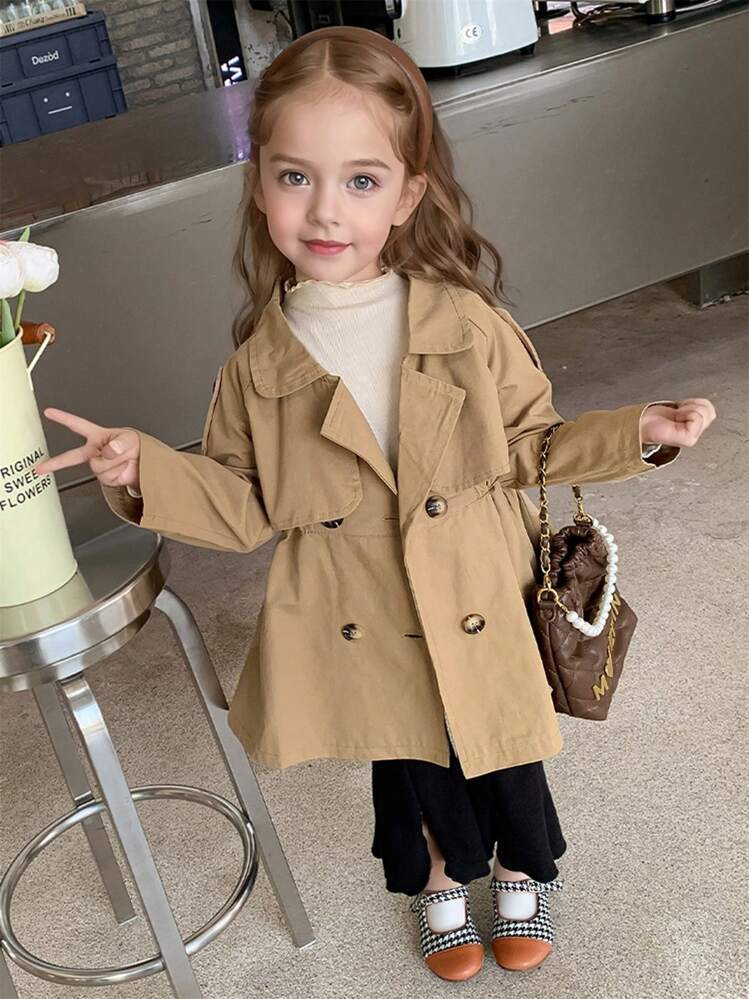 New Fashion Young Girls Trench Coat, Young Girls Autumn Mid-Length Casual Double-Breasted Trench Coat, Children Outerwear British Style | SHEIN