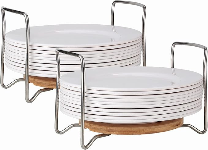Dish Holder 2 Pack Large for 9" to 13" Plates Organizer Round Bamboo Thicken Base with Stainless ... | Amazon (US)