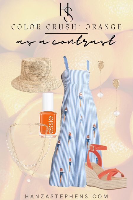 How to style orange 
Using orange shoes and nail polish really makes the details in this beautiful and simplistic blue and white midi dress pop!

#LTKstyletip #LTKshoecrush