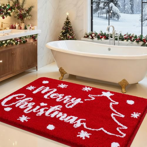 Christmas Bathroom Rugs 36"x24", Ultra Soft Thick Plush Fluffy Microfiber Absorbent Bath Mat, Non-Slip Backing, Machine Washable Bath Mats for Bathroom Floor, Holiday Decor, Red-Merry Christmas | Amazon (US)