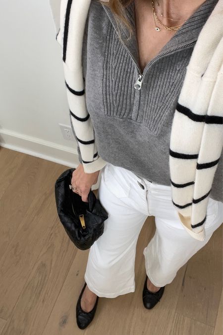 White wide leg, cropped pants, twill fabric you cannot see through. TTS WEARING 25
Amazon zip up sweater 
Etsy dupe Jodie bag
Striped sweater
Ballet flats 