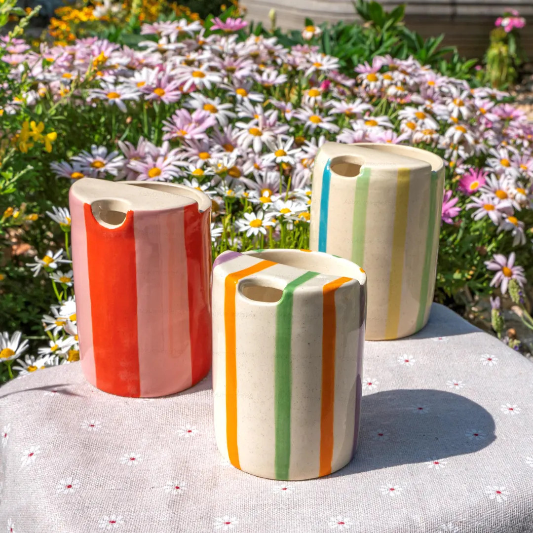 Striped Travel Tumbler, to Go Ceramic Tumbler, Handmade Pottery Mug, Hand-painted Sip Mug, Travel... | Etsy (US)