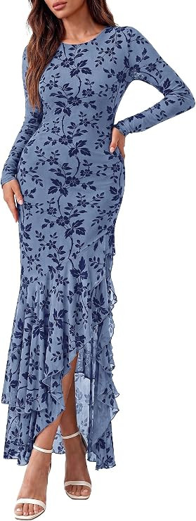 BTFBM Fall Dresses for Women 2026 Long Sleeve Cocktail Dress | Crew Neck,Mesh,Asymmetric Ruffle H... | Amazon (US)