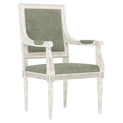Marielle Willow Green Velvet Vintage White Dining Arm Chair | Kathy Kuo Home