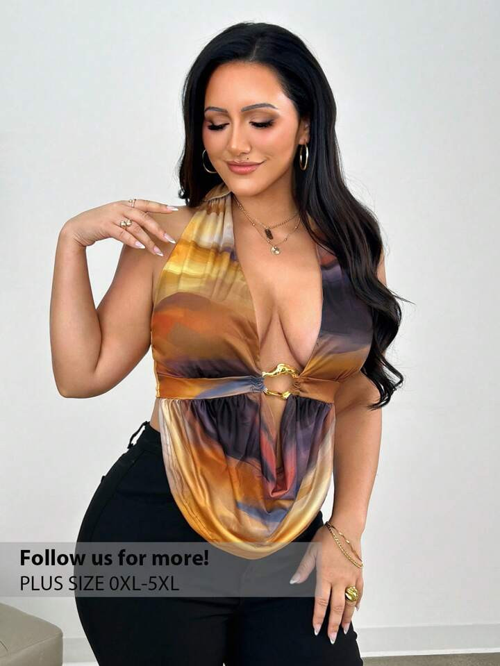 Firerie Plus Size Women Draped Neck Ruched Front Holiday Beach Tank Top With Metal Decor, Comfortable Casual Elastic Tank Top, Spring/Summer | SHEIN
