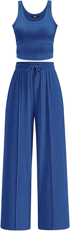 CFLONGE Summer Two Piece Sets for Women Casual Lounge Sets Tank Tops Wide Leg Pants Matching Set ... | Amazon (US)