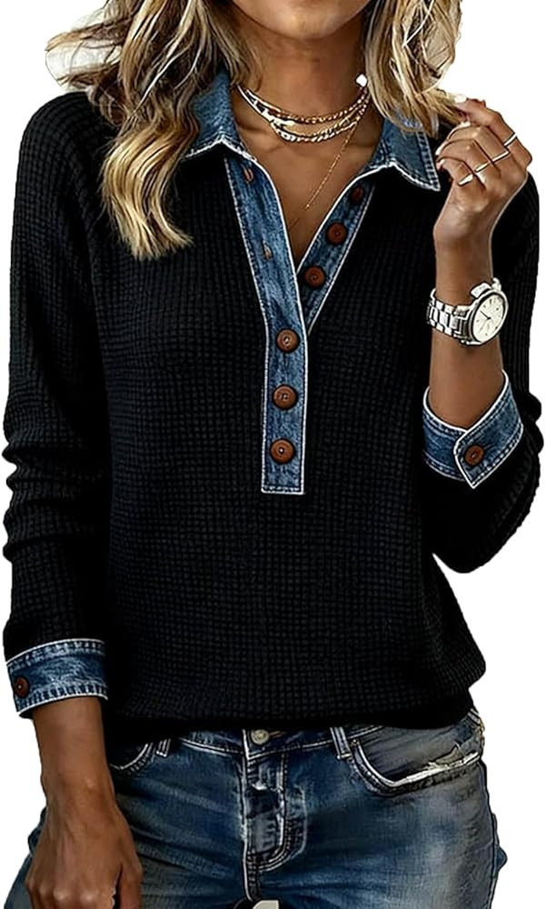 Sweaters for Women Waffle Knit Tops with Denim Collar Cuffs Button Front Long Sleeve Pullover Cas... | Amazon (US)
