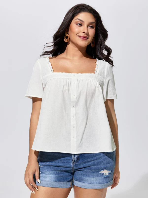 Cotton Lace Trim Square Neck Spliced Blouse | Bloomchic