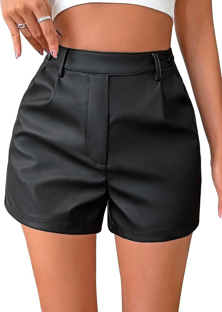 MakeMeChic Women's Casual Pu Leather Shorts High Waist Straight Wide Leg Leather Shorts | Amazon (US)