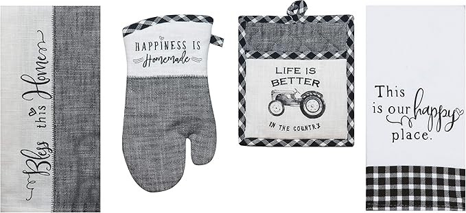 4 Piece Black and White Farmhouse Country Kitchen Linen Set - 2 Towels, Oven Mitt and Pocket Pot ... | Amazon (US)