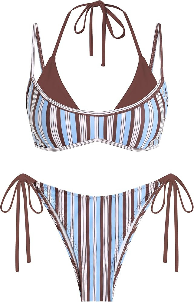 ZAFUL Women's Polka Dot Bikini Set Double Layer Halter Swimsuit Colorblock Side Tie 2 Piece Bathi... | Amazon (US)