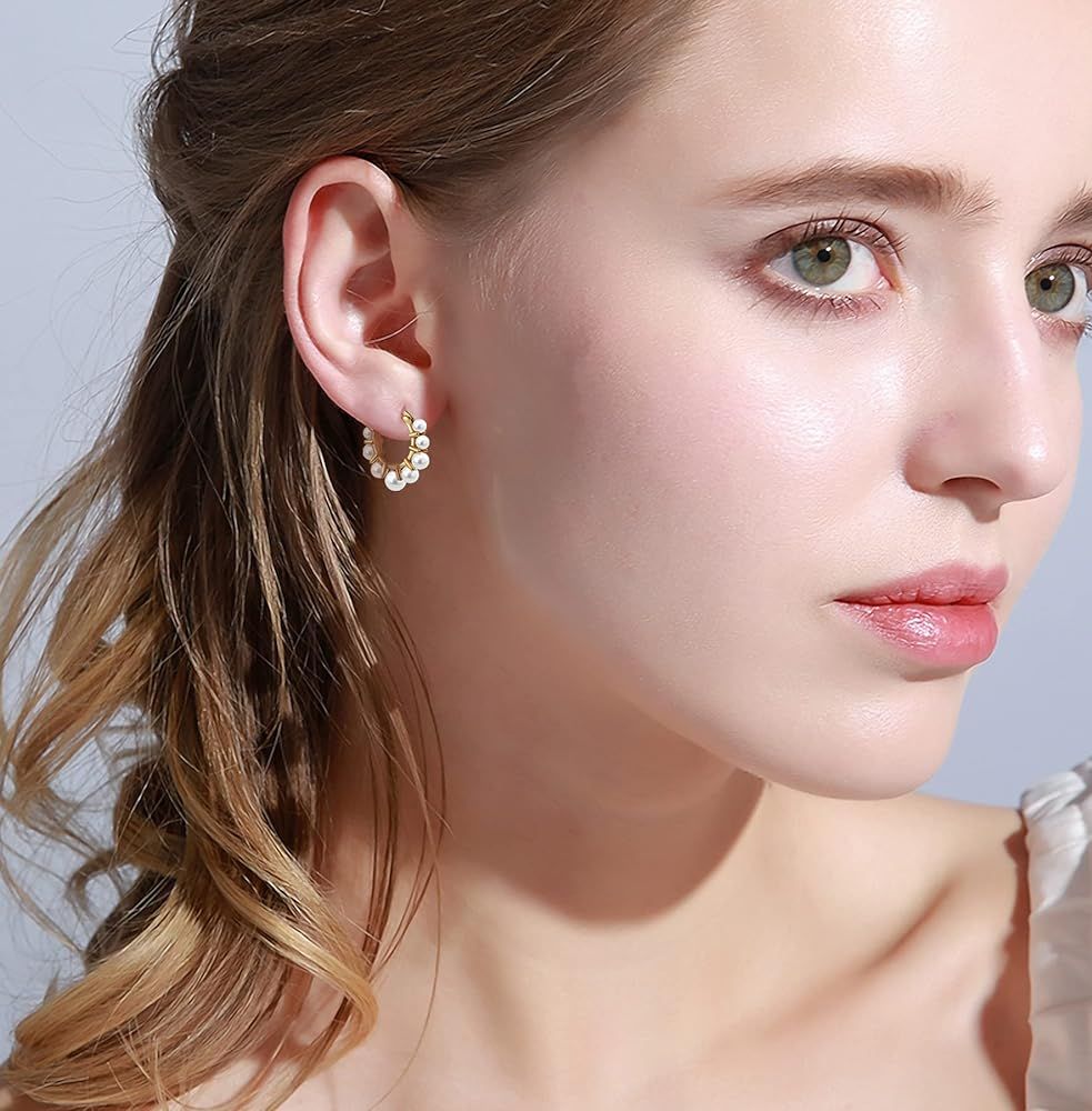 Pearl Gold Hoop Earrings for Women, 14K Plated Gold Hoop Earrings Lightweight Faux Pearl Earrings Da | Amazon (US)