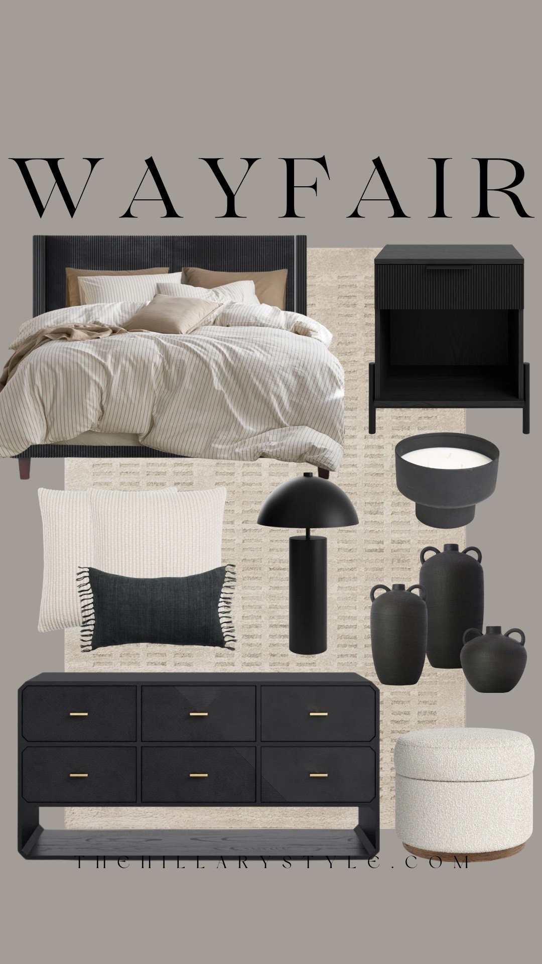 Wayfair bedroom finds with a Restoration-inspired vibe — modern, moody, and cozy. I’m loving the black corduroy bed frame, matte vases, and mushroom lamp paired with neutral striped bedding and textured throw pillows. The upholstered storage ottoman and Amber Lewis x Loloi area rug bring the whole space together.

#LTKOver40 #LTKHome #LTKautumn