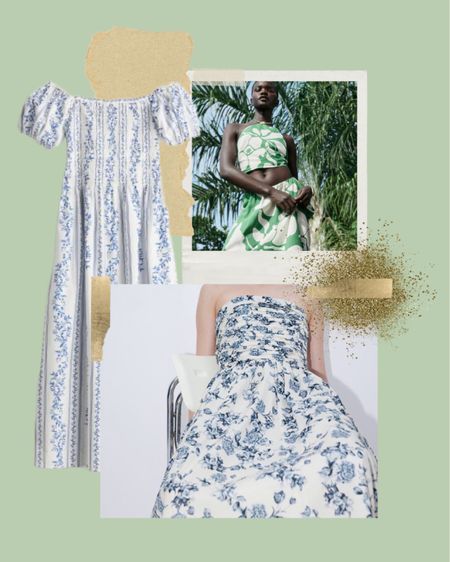 H&M new arrivals for spring and summer. Blue floral dresses, green tropical prints, and Meredith Blake inspired black and white  