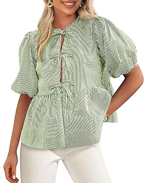 PRETTYGARDEN Women's Tie Front Striped Shirt 2025 Summer Trendy Fashion Cute Babydoll Tops Peplum... | Amazon (US)