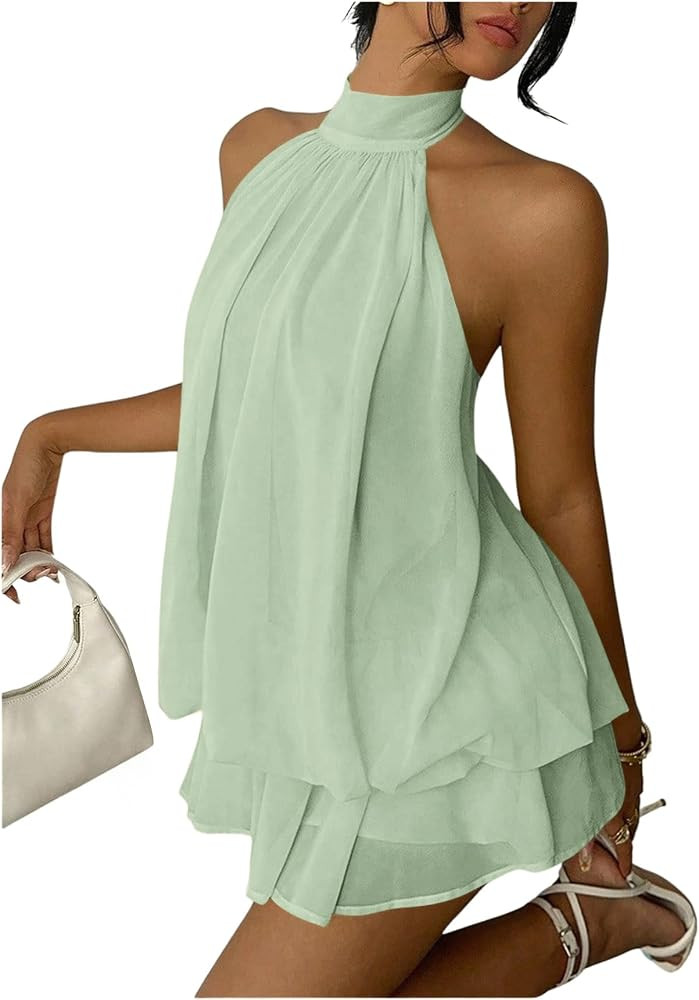 Verdusa Women's Chiffon Halter Drop Waist Flowy Wedding Guest Mini Dresses | Amazon (US)
