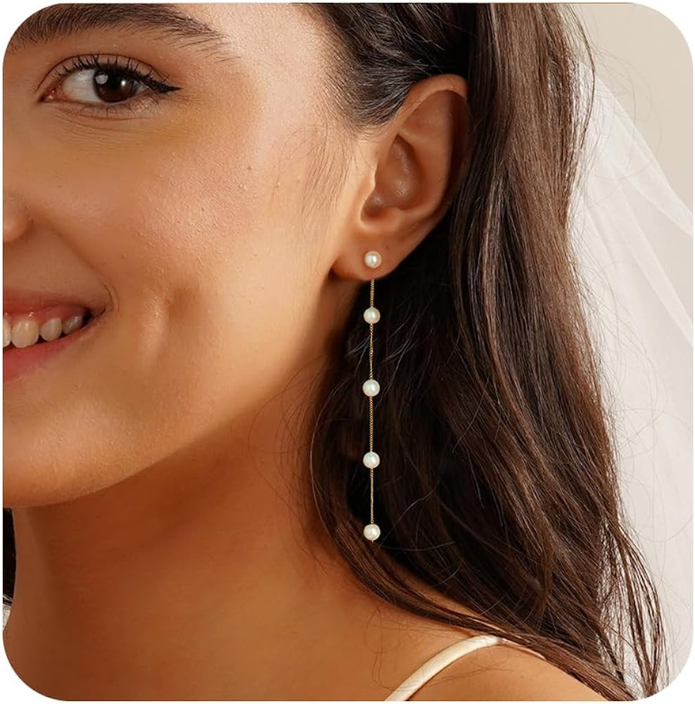Pearl Earrings，4mm 5mm 6mm Gold/Silver Dangle Earrings for Women White Long Drop Pearl Dangling... | Amazon (US)