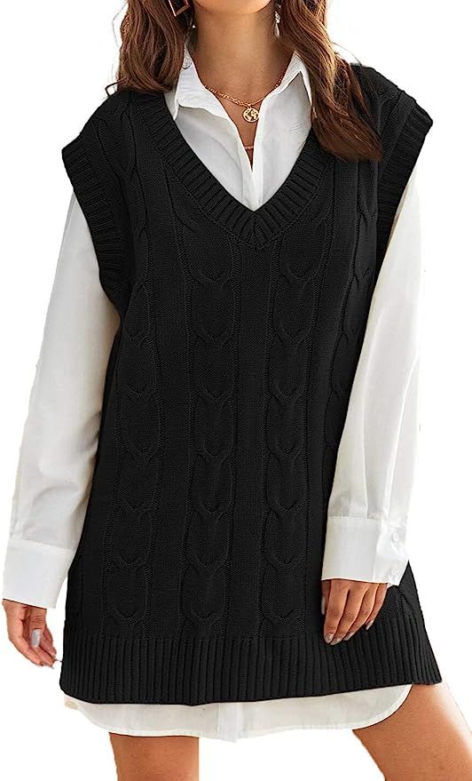 Amazon.com: Aiopr Womens Oversized Sweater Vest V Neck Sleeveless Cable Knit Pullover J... | Amazon (US)