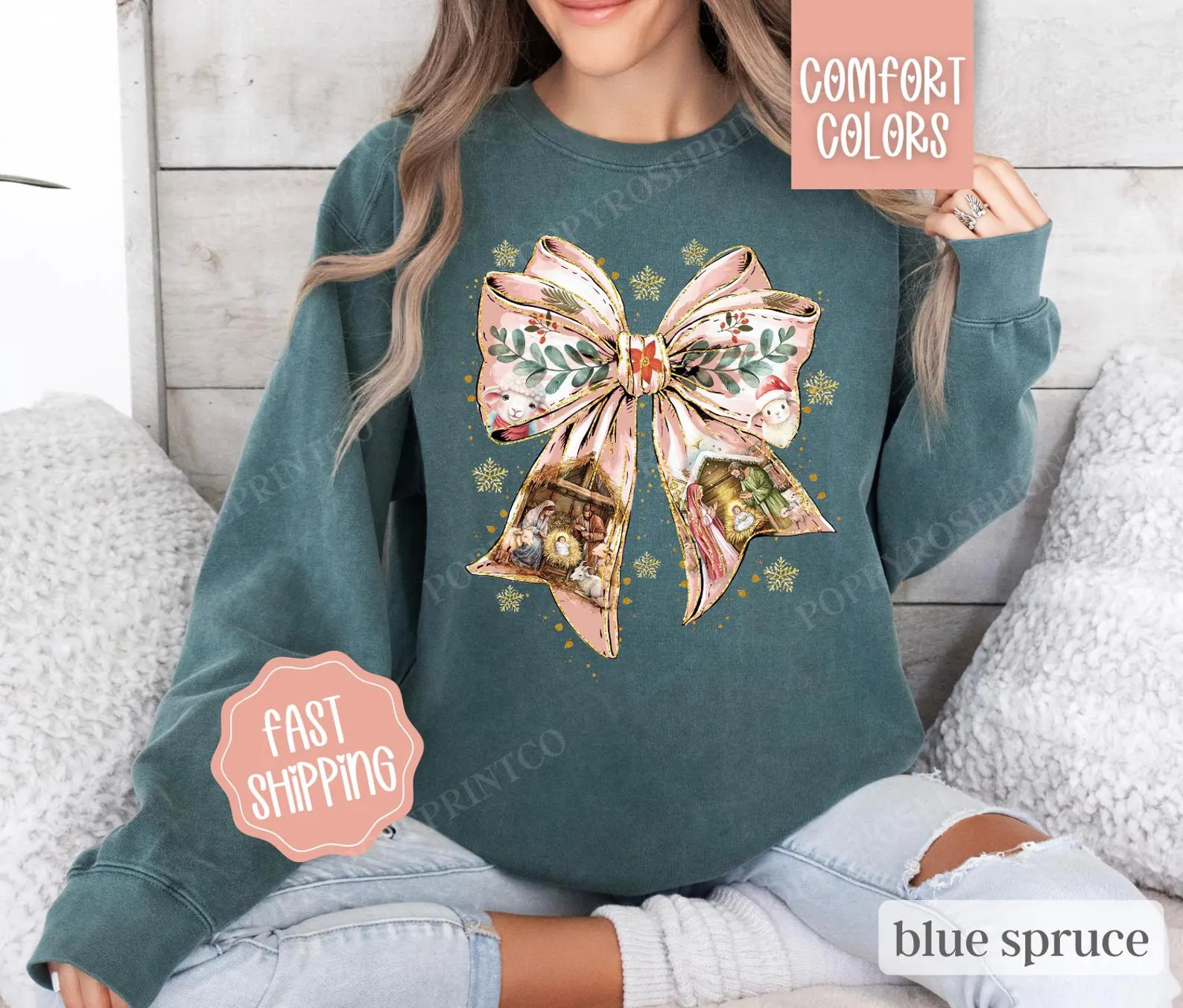 Nativity Bow Christmas Sweatshirt Comfort Colors, Religious Christmas Sweater Womenswear, Holiday... | Etsy (US)