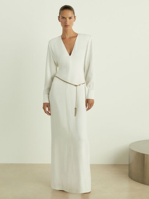 Plunge-Neck Crepe Maxi Dress in White | Reiss DE