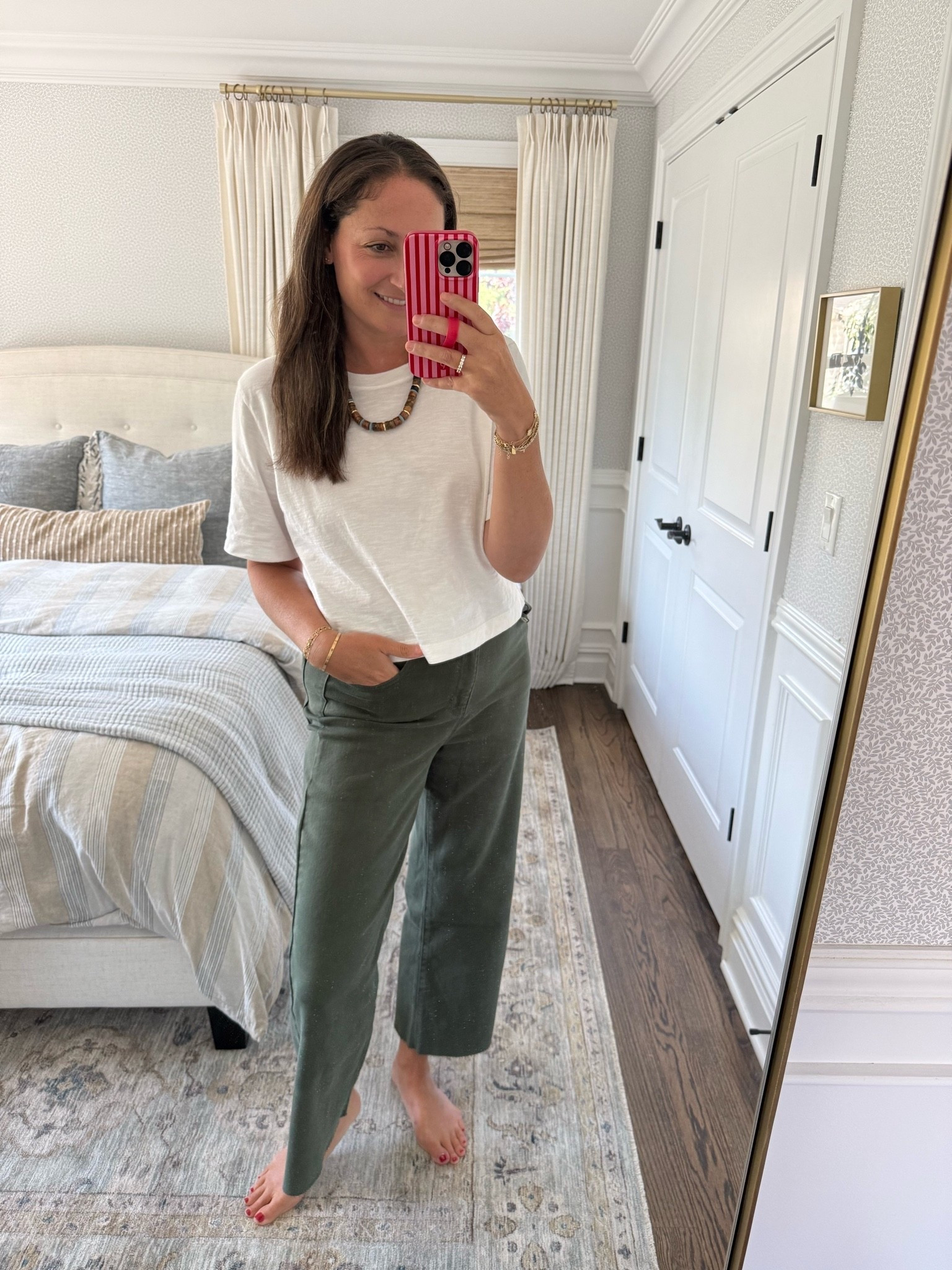 Today’s OOTD: School dropoff and then running to a few meetings! My favorite boxy tee from @Anthropologie , these new olive green pants (stretchy, feel great on, love the raw hem) and a statement necklace. 

business casual workwear, fall outfit, transitional outfit, fall look, Anthropologie, Avara, Baublebar

#LTKmomlife #LTKootd #LTKOver40
