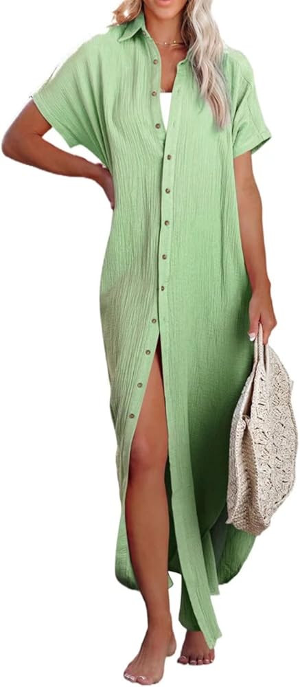 Dokotoo Womens Casual Short Sleeve Side Split Button Down Long Kimonos Cardigans Swimsuit Cover U... | Amazon (US)
