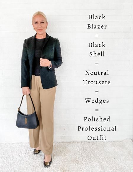Black Blazer + Black Shell + Neutral Trousers + Wedges = Polished Professional Outfit 

#LTKworkwear #LTKover40 #LTKSeasonal