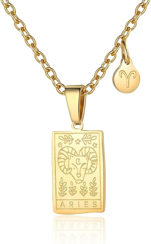 Zodiac Sign Necklace for Women Constellation Tarot Card Pendant Double Sided Gold Stainless Steel... | Amazon (US)