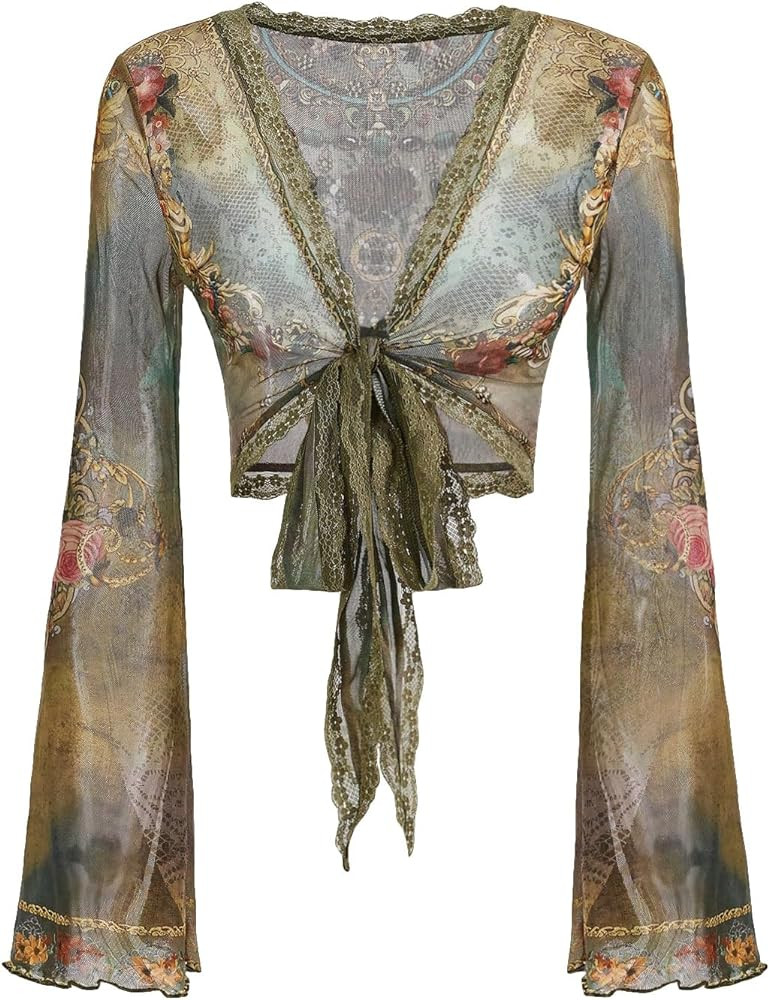 Milumia Women's Mesh Knot Front V Neck Top Slit Long Sleeve Lettuce Trim Crop Tee | Amazon (US)