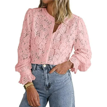 PRETTYGARDEN Women s Dressy Casual Lace Blouse Long Sleeve Button Up Shirts Tops Spring Fall Fashion Clothes | Walmart (US)