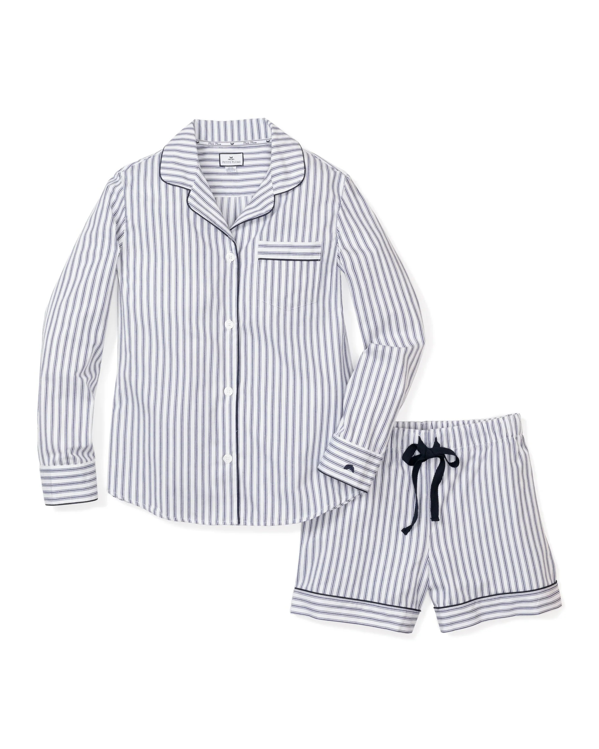 Women's Twill Pajama Long Sleeve Short Set in Navy French Ticking | Petite Plume