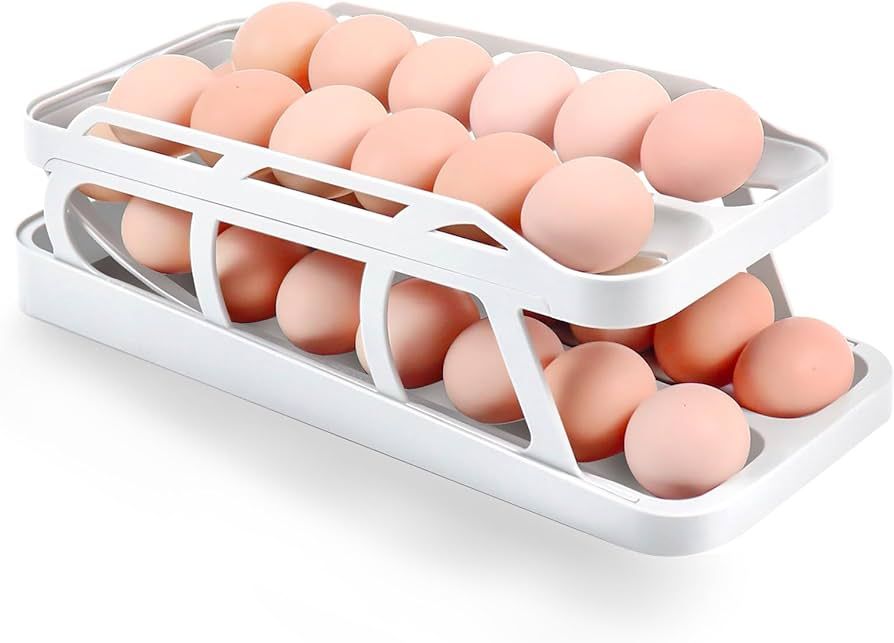 TUSGENK Egg Holder Dispenser, Double Rows Automatic Egg Roller Refrigerator Rolling Eggs Storage ... | Amazon (US)