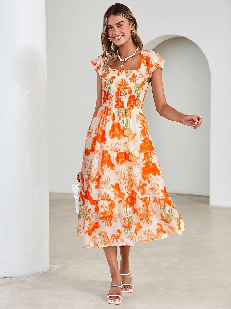 Simplee Women Floral Summer Sun Dress Flutter Sleeve Smocked Chiffon Midi Dress Casual Boho Flowy... | Amazon (US)