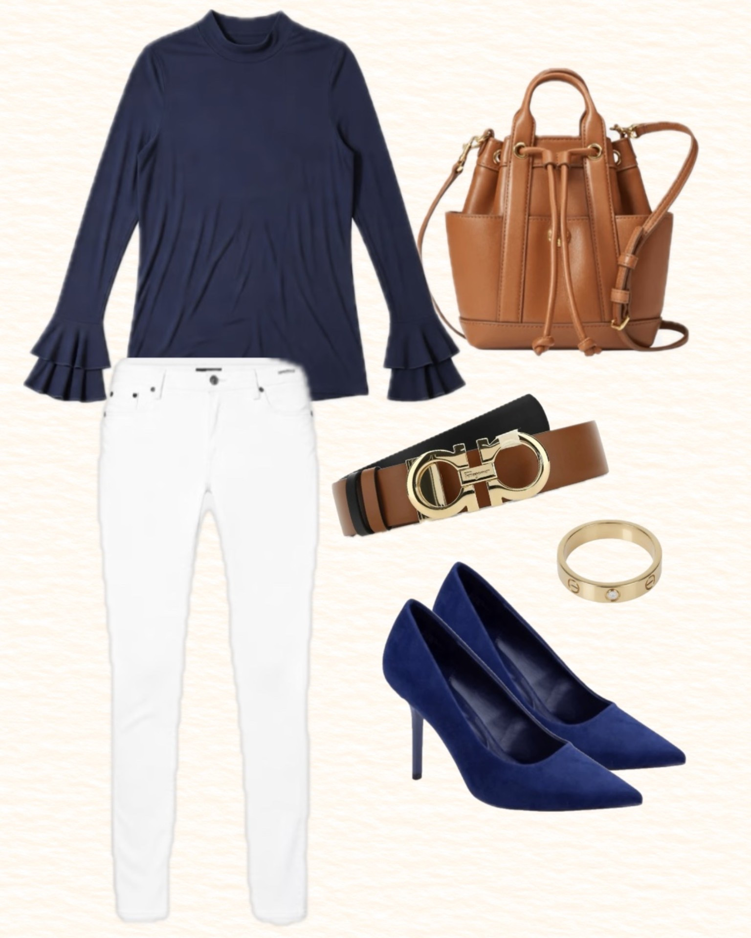 Another fall outfit idea. Navy blue sweater and heels anchor the top and bottom of this look, with white jeans sandwiched in the middle. Brown and gold tone accessories polish it off, including my reversible ferragamo belt, a caramel bucket bag, and gold ring.

#LTKootd #LTKWorkwear #LTKSeasonal