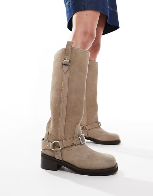 ASOS DESIGN Cora suede harness biker knee boots in taupe | ASOS (Global)