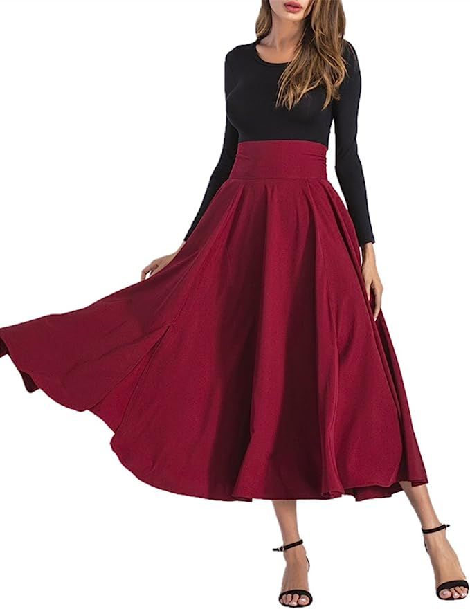 Hanlolo Womens Maxi Skirts High Waisted Pleated Flared Long Bow Skirts with Pocket | Amazon (US)