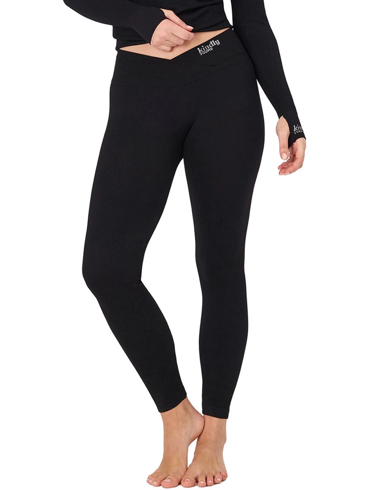 Kindly Yours Women's Sustainable Seamless Ribbed Crossover Waist Thermal Leggings, Up to size XXX... | Walmart (US)