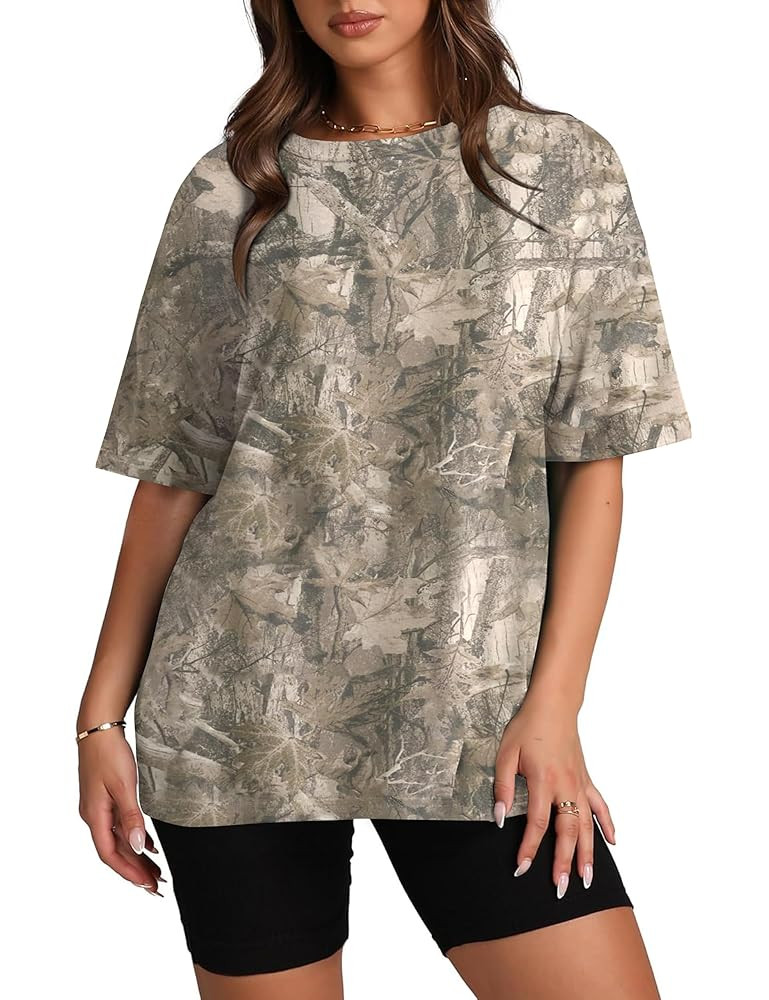 Oversized Camo Shirts for Women Men Maple Leaf Print Short Sleeve Crewneck T-Shirt Casual Loose Y... | Amazon (US)
