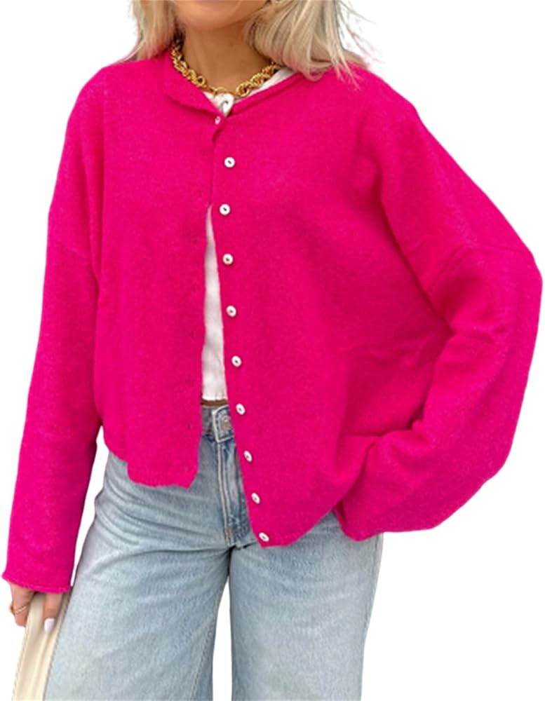 Women Knitted Cardigan Sweaters Long Sleeve Button Down Loose Knitwear Tops Y2k Vintage Jumper Kn... | Amazon (US)