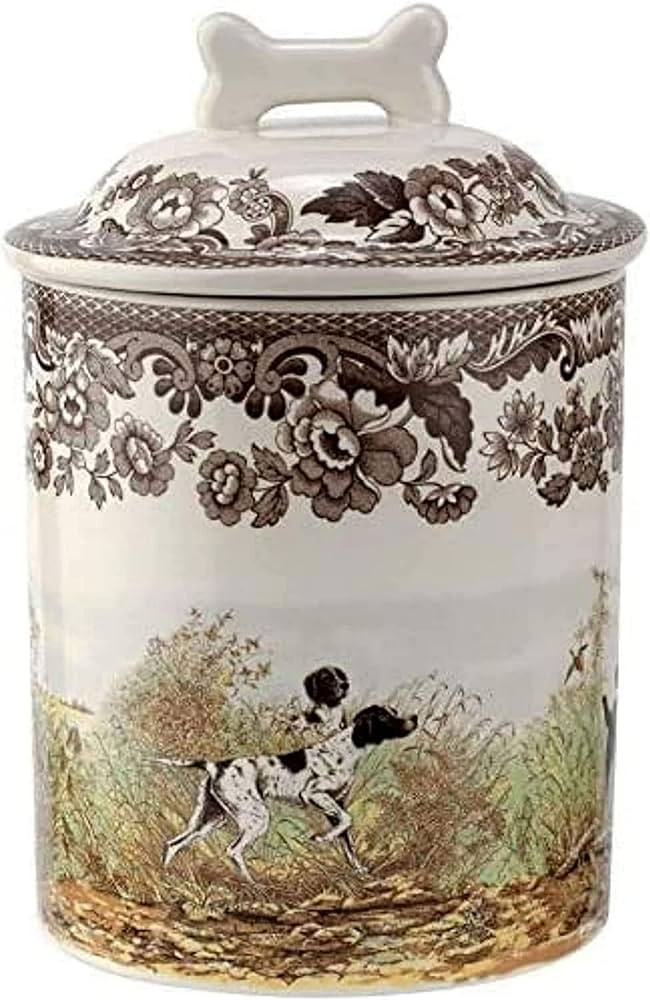 Spode Woodland Dog Treat Jar 7" | Dog Treat Container with Ceramic Lid | Assorted Hunting Dogs Design with Bone-shaped Handle | Stoneware
Material: Ceramic
Capacity: 3662000 Pounds
 | Amazon (US)