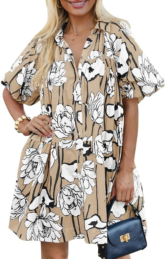 Wenrine Women's Summer Button Down Shirt Dress Floral Puff Short Sleeve Casual Loose Fit Beach Mi... | Amazon (US)