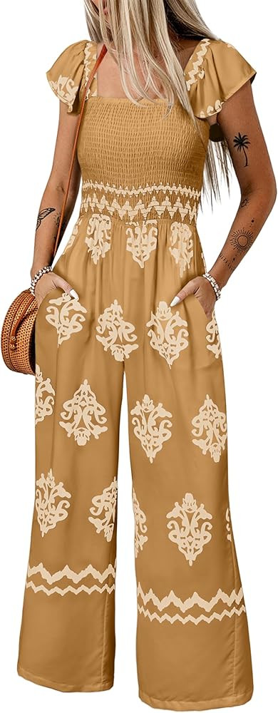 Happy Sailed Womens Boho Jumpsuits Retro Print Cap Sleeve High Waist Pockets Wide Leg Romper Beac... | Amazon (US)
