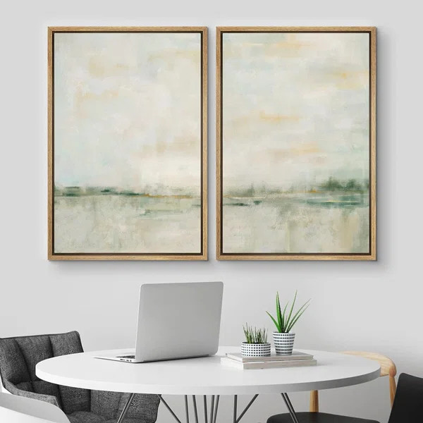 Pastel Green Abstarct Lake Landscape Neutral Minimalist Framed Canvas 2 Pieces Print Set Wall Art | Wayfair North America
