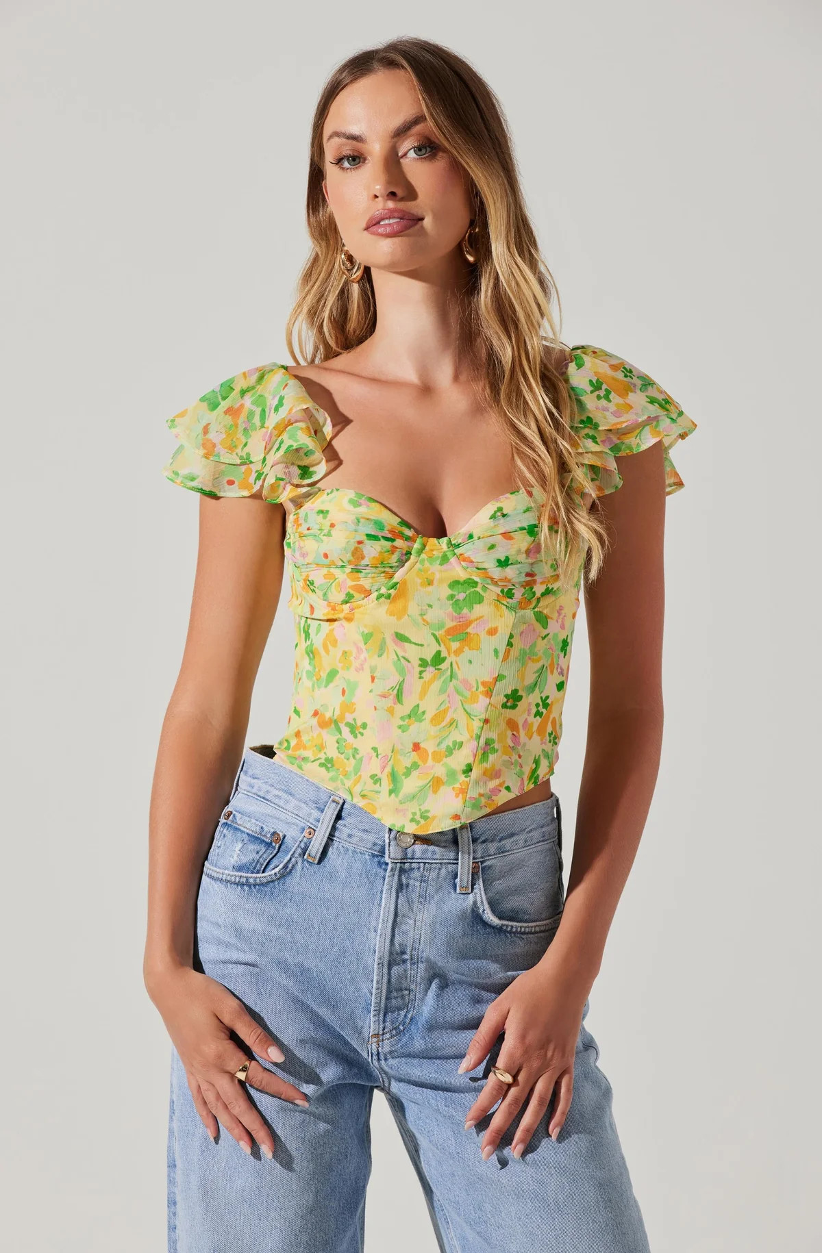 Corazon Floral Bustier Top - Yellow green multi / XS | ASTR The Label (US)