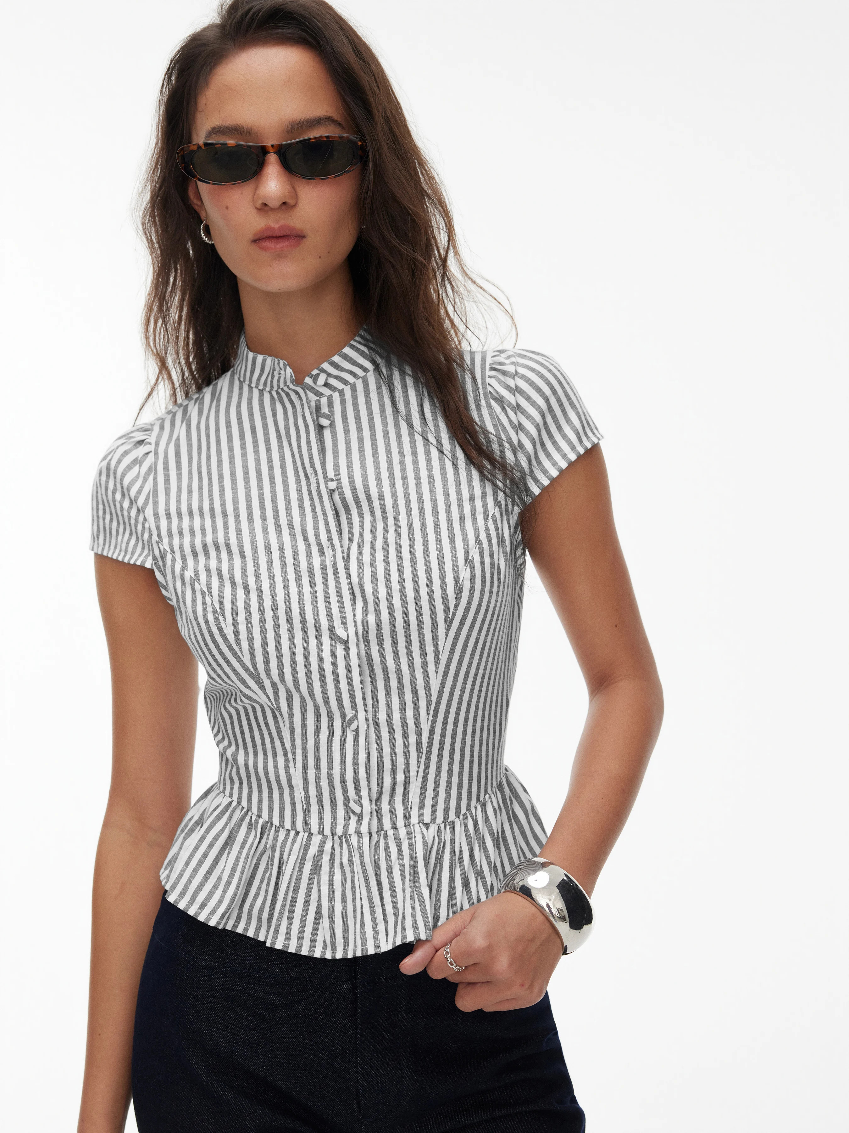 Woven Cotton-blend Striped Puff Sleeve Ruffled Peplum Blouse For Daily Casual Work | Cider