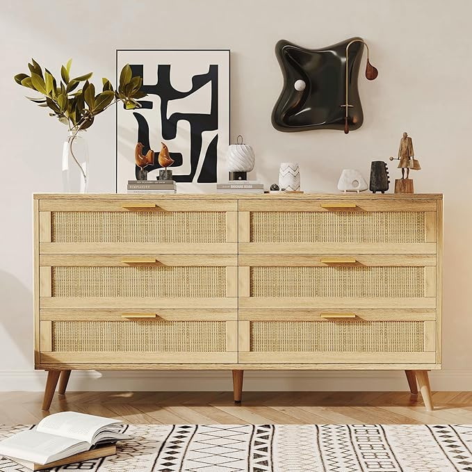 Rovaurx 6 Drawer Double Dresser for Bedroom, Rattan Chest of Dressers, Modern Wooden Dresser Ches... | Amazon (US)