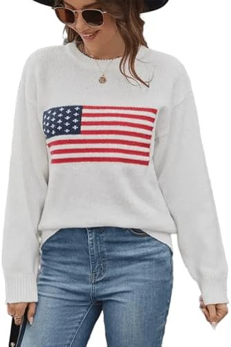 Women's American Flag Sweater Top Long Sleeved Round Neck Casual Knit Loose Pullover top | Amazon (US)